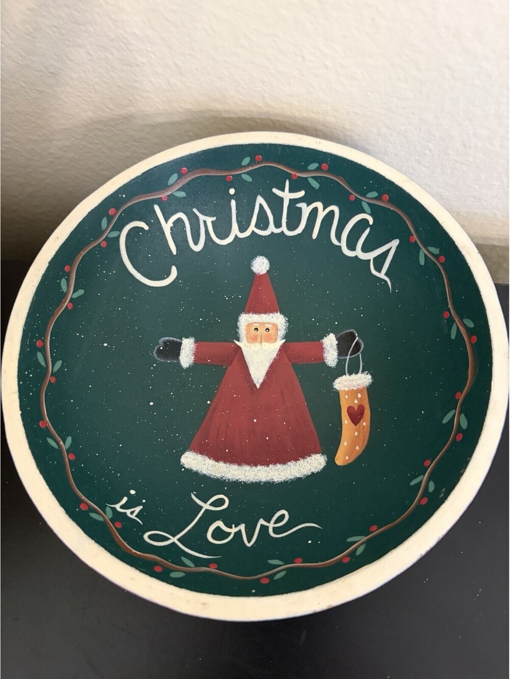 Hand Painted Primitives Wooden Christmas Santa Believe Bowl  8” Lancaster, PA